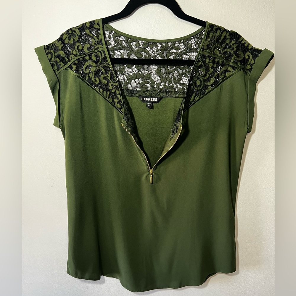 Express, army green dress shirt, M